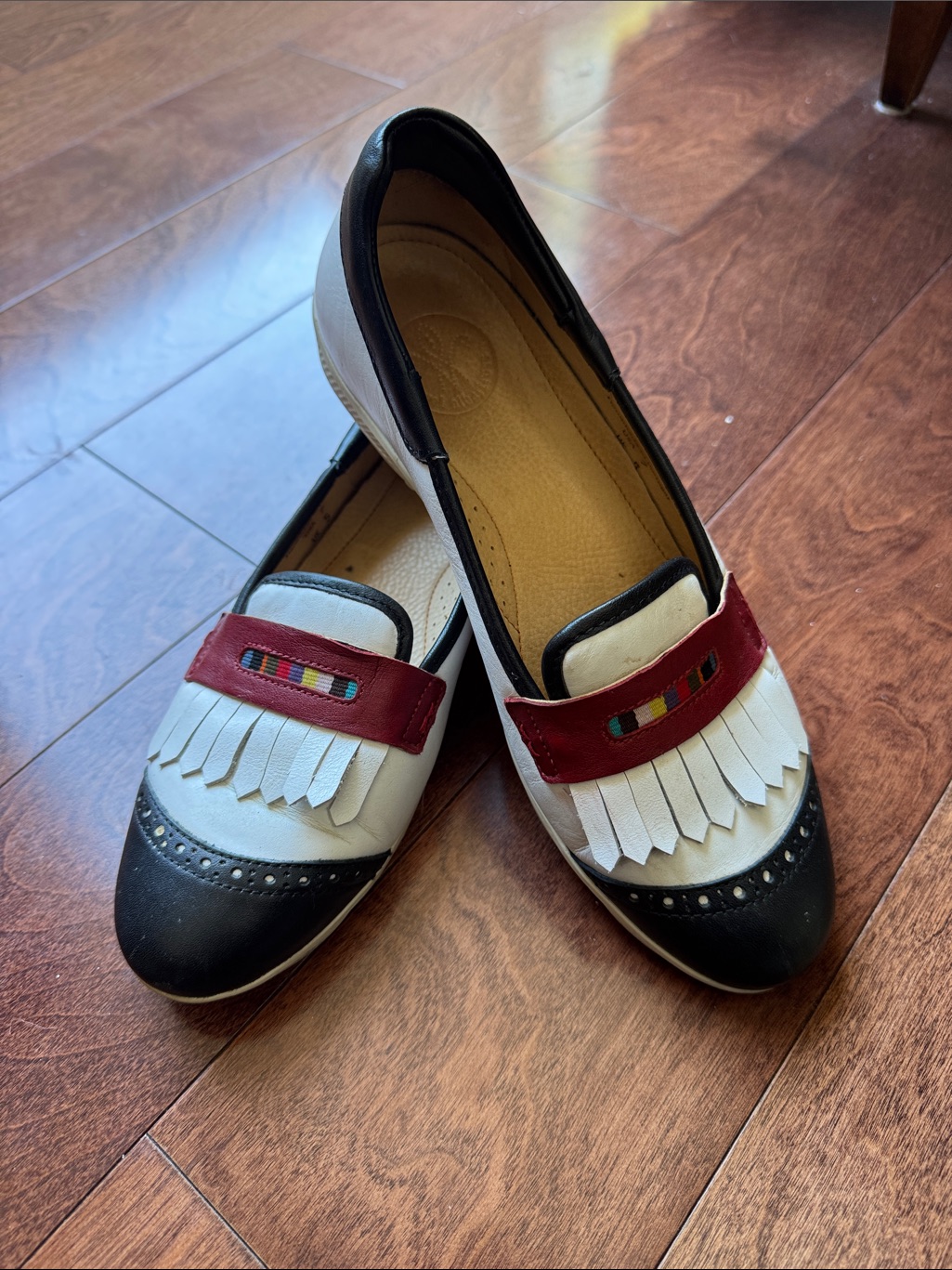 Women’s Two-Tone Fringe Loafers In Black, White & Red